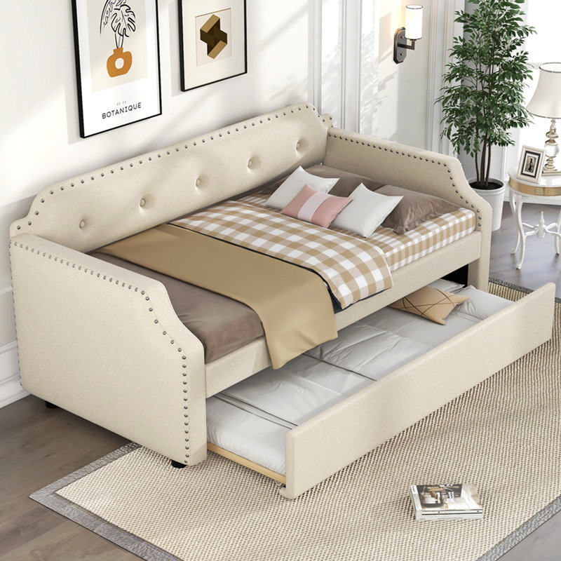 Upholstered Daybed with Trundle, Wood Slat Support,Upholstered Frame Sofa Bed, Twin, Beige, Beige