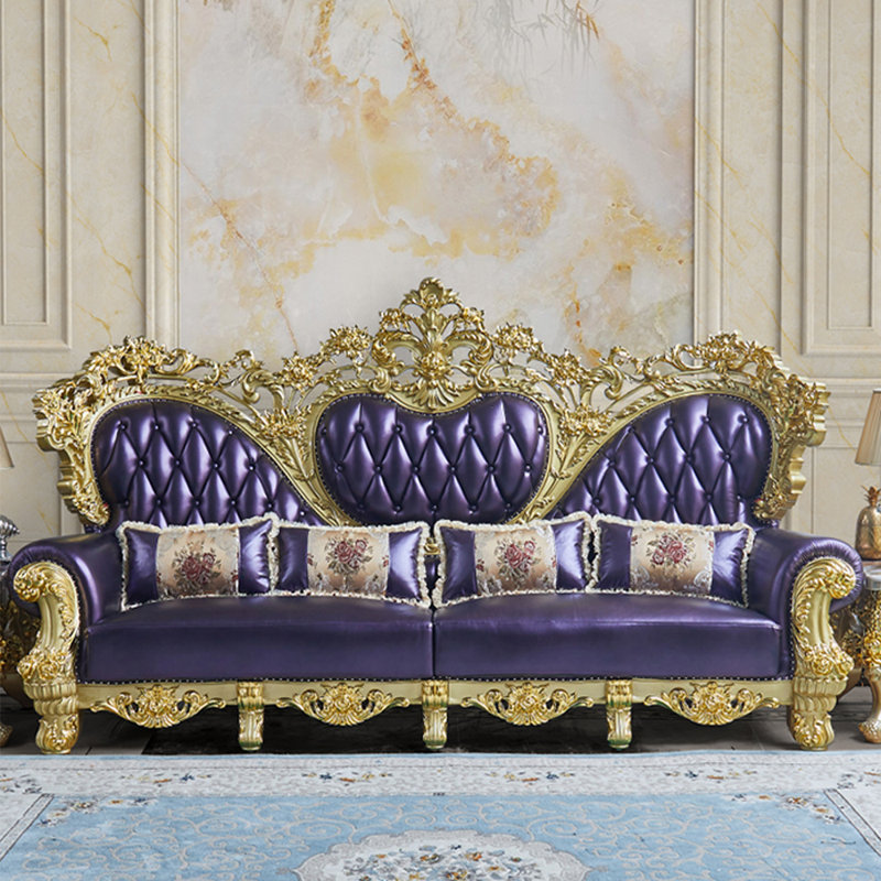 Canapé en cuir véritable européen de luxe européen sculpté en bois massif de 110,2 po