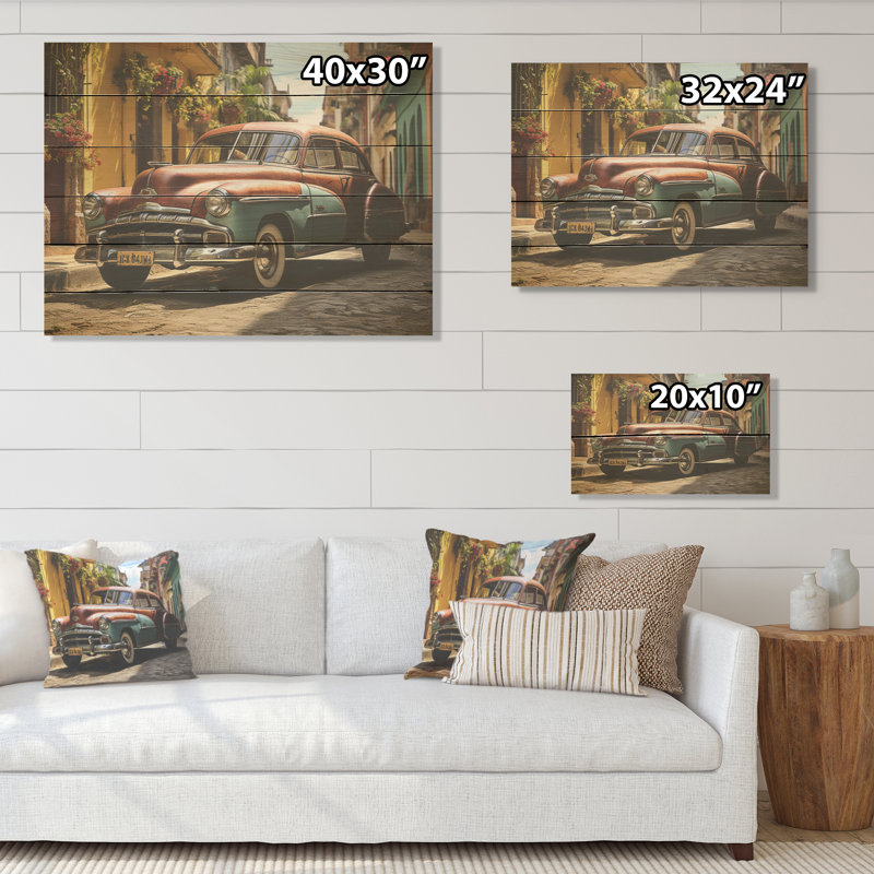 «Vintage Cuban Car Heritage - Cuba Landscape», art mural sur bois de pin naturel, H 24 po x l 32 po