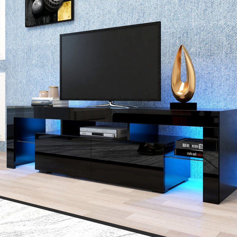 Meuble télé moderne noir pour téléviseur de 60 à 69 pouces avec télécommande et 20 couleurs à DEL