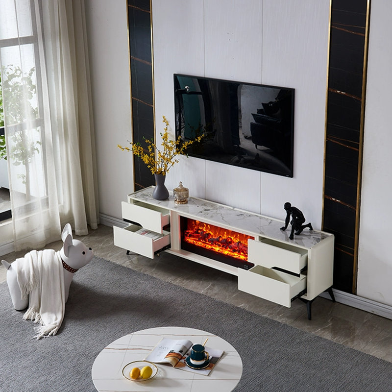 Foyer de meuble télé beige en bois massif et pierre frittée