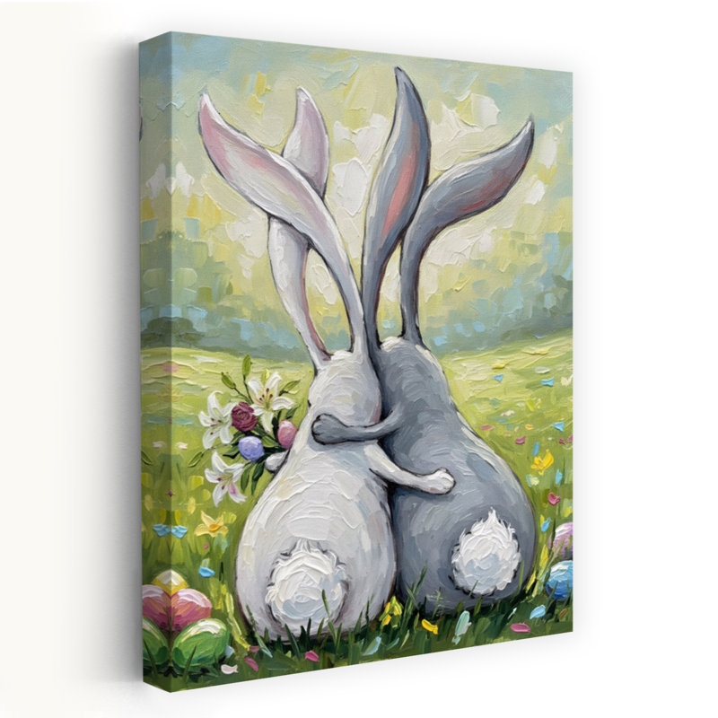 «Sweet Rabbit Embrace Contemporary Rabbit Flower», art mural, H 60 po x l 40 po