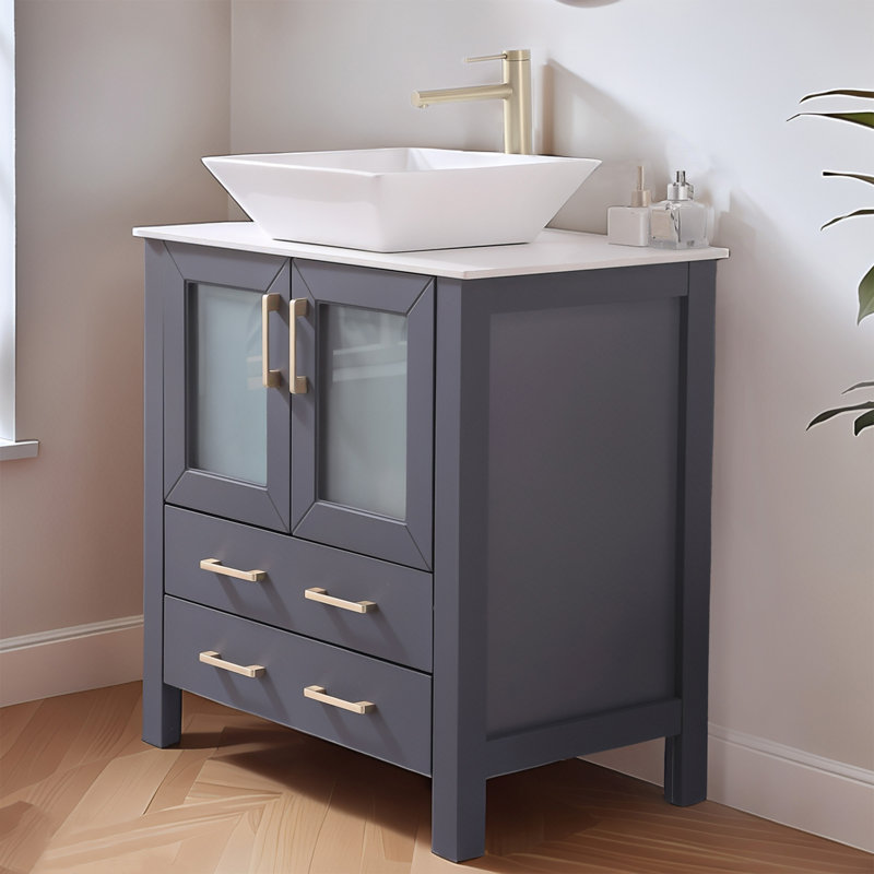 30" Modern Freestanding Dark Grey Bathroom Vanity With Ceramic Vessel Sink And Double Ribbed Glass Doors & 2 Storage Drawers
