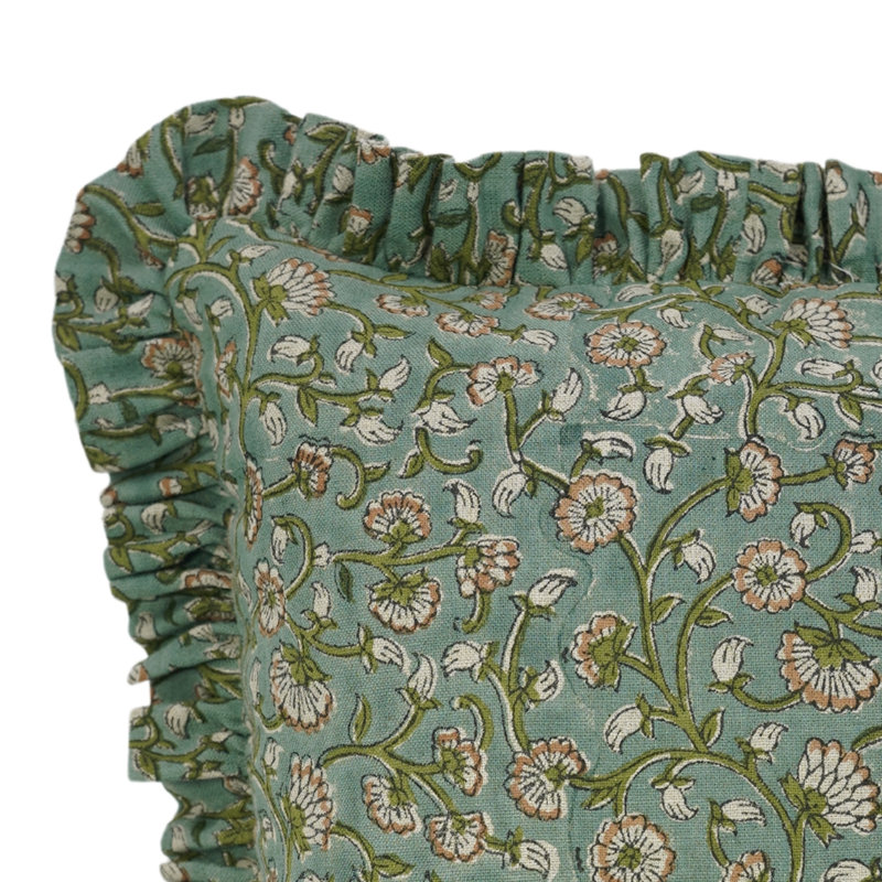 Fabividine Block Pattern Pure Linen Ruffle Pattern Cushion Cover (Himachal, Green), Carré, H 18 po x l 18 po