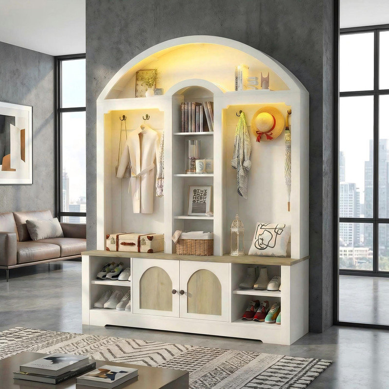 59" Curved Entryway Storage Cabinet with Bench – Scandinavian Style Hall Tree, White