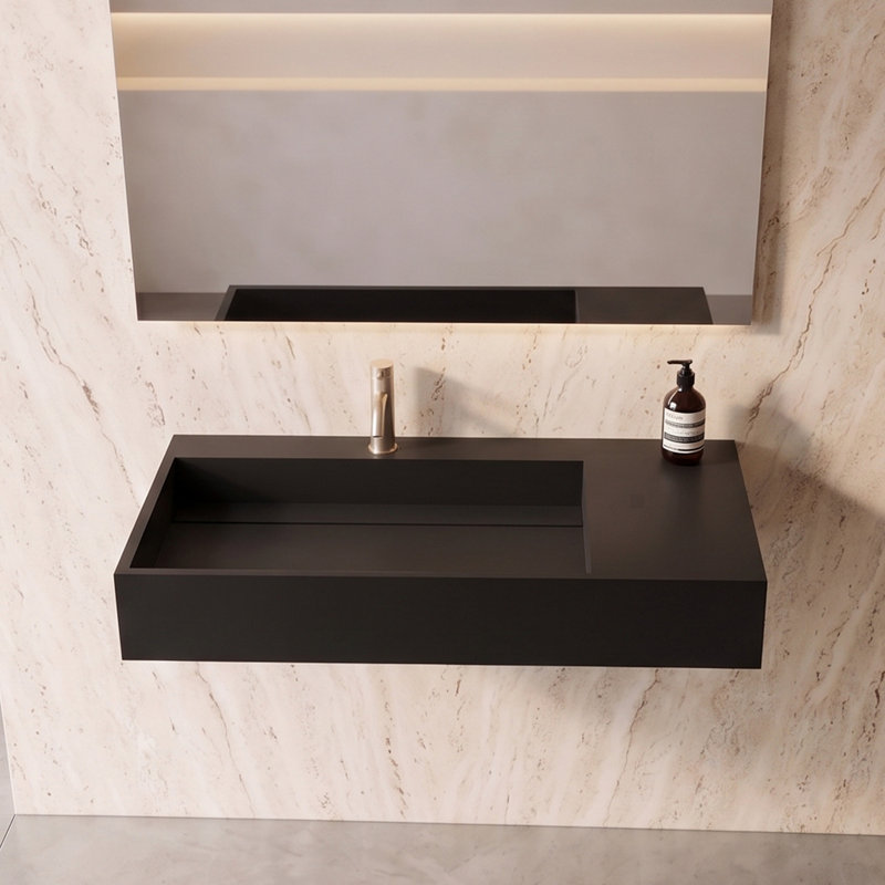 Juniper 30" Wall Mounted Solid Surface Floating Bathroom Sink with Concealed Drain Left Basin - Black, Black