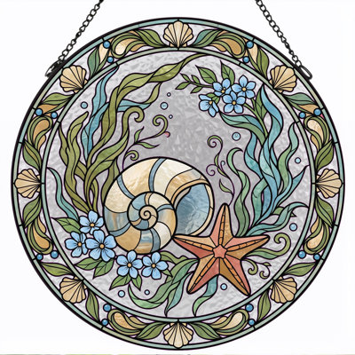 Sea Shell Stained Glass Window Panel，12"H