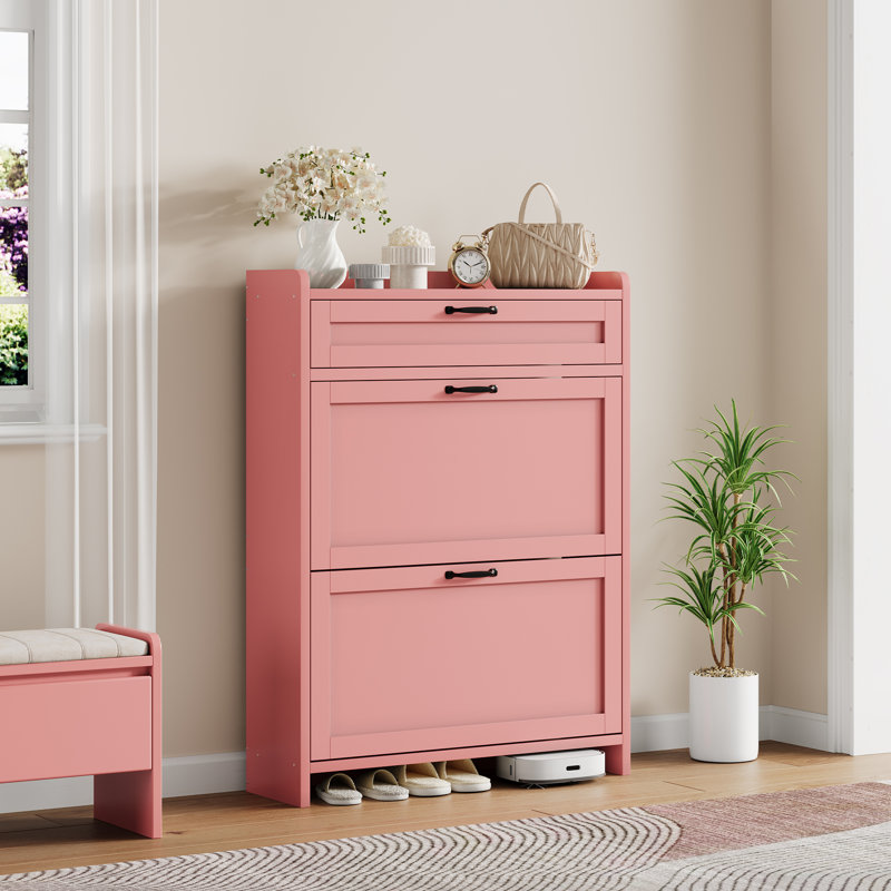 Range-chaussures avec 2 tiroirs rabattables, range-chaussures en bois peint ultrabrillant avec tablettes réglables, Rose