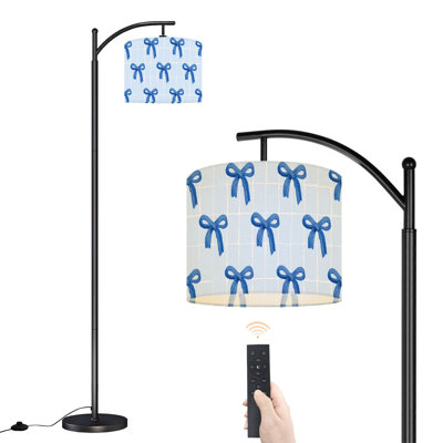 Lampe sur pied à arc avec abat-jour réglable Coquette esthétique ruban bleu à damier sur pied blanc 3 températures de couleur à intensité variable avec poteau pour interrupteur à pied