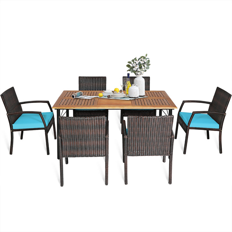 6 - Person Acacia Wicker Patio Dining Set with Rectangular Table , Cushions Included, Turquoise