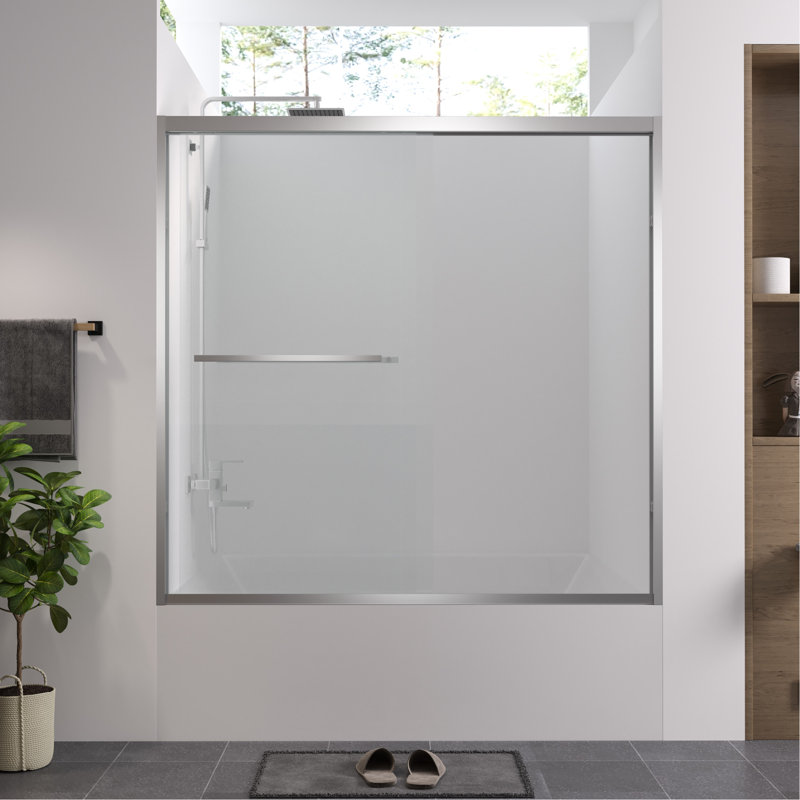 Double Sliding Bathtub Screen With 1/4" (6mm) Tempered Glass, Finished, Adjustable Width, And Corrosion - Handle For Bathroom Finished Glass Screen, 56 60"x58", Aluminum Frame, Safe Attractive