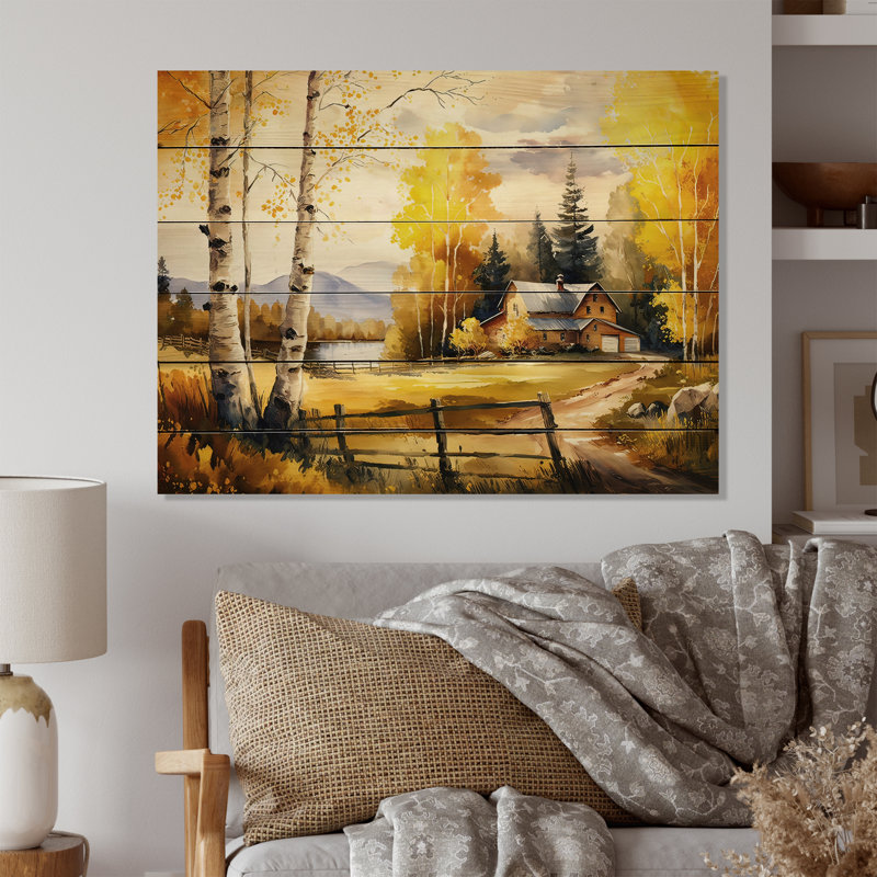 Drapeau de la grange jaune au printemps III - impression sur bois sans cadre, H 16 po x l 32 po x P 1 po