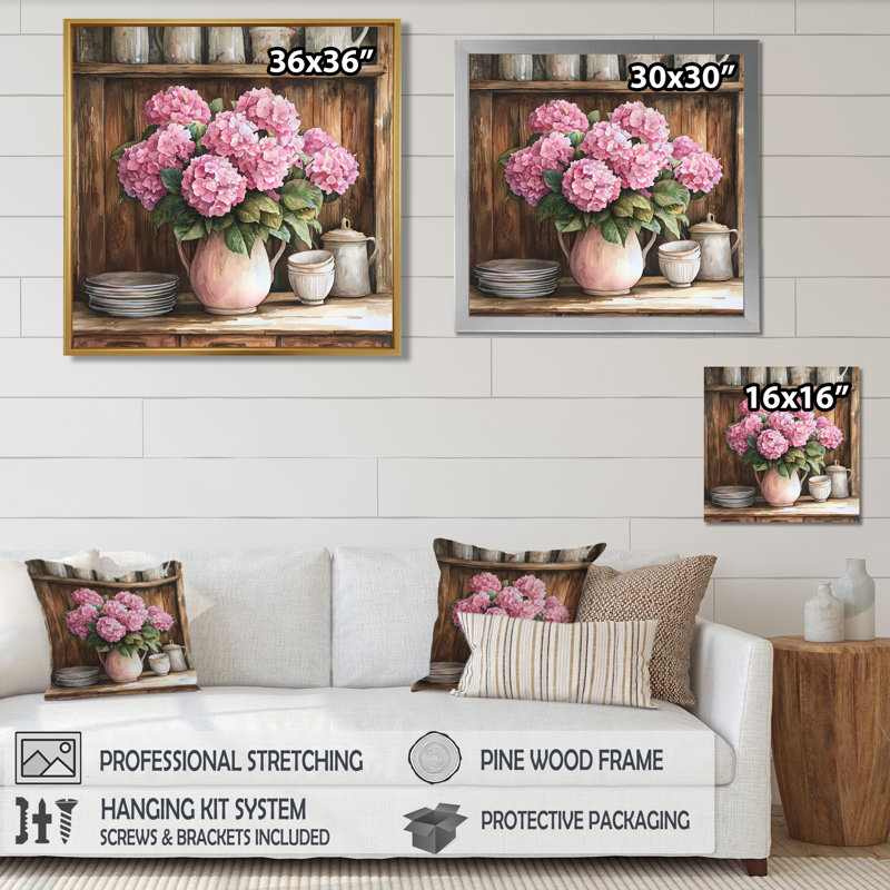 Hortensias à la ferme dans un vase en poterie III - hydrangées, art mural, H 30 po x l 30 po, Impression encadrée flottante