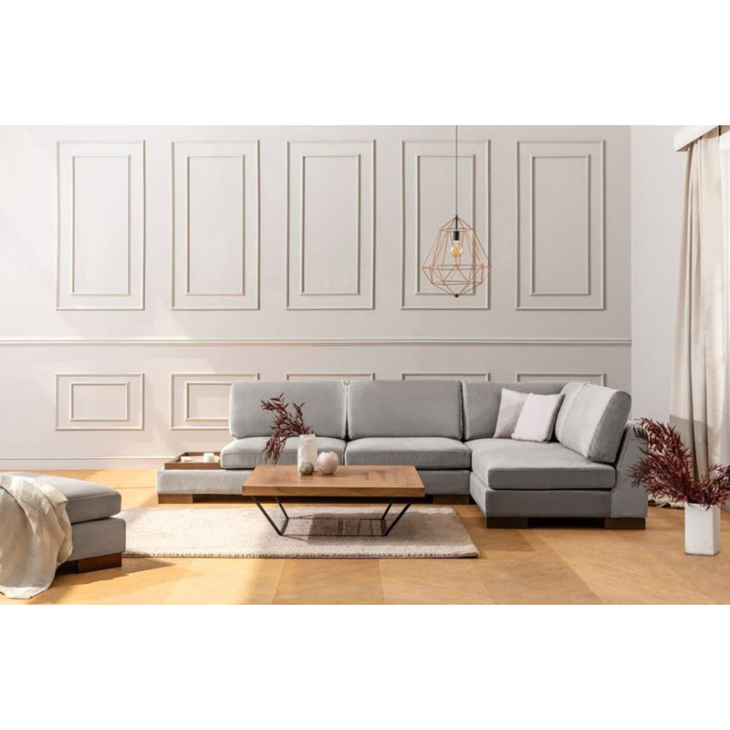 Élégant canapé d'angle, gris clair, 123,2 po x 76,0 po x 31,5 po | Structure en bois de hêtre et en carton, tissu 100% polyester, 28 mousses en mousse souple, 2 coussins inclus | Design scandinave élégant, nettoyage à sec, coussins portables