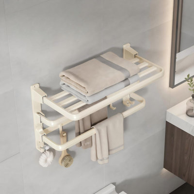 Towel Racks for Bathroom, Towel Shelf with 2 Towel Bar Foldable, Towel Holder with 7 Hooks Towel Storage Organizer for Bathroom & Lavatory Wall Mounted, (Milky White)