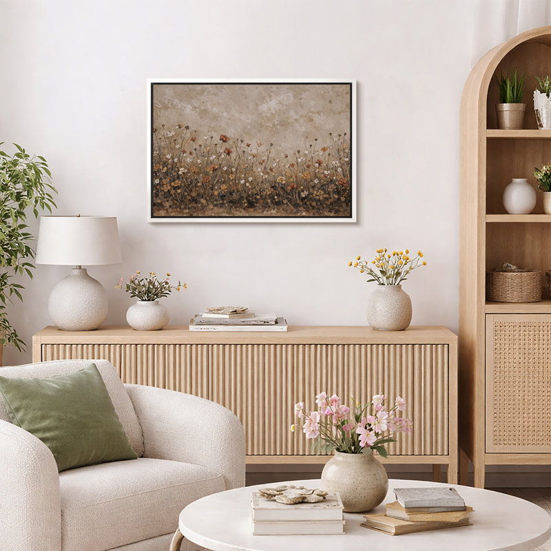 Autumn Wildflower Meadow Artwork, Living Room Pictures, Framed Canvas Giclee Print Wall Art, White Floater Frame