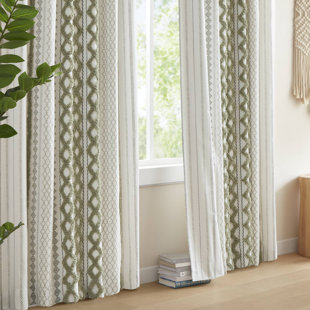 Imani 100% Cotton Printed Boho Single Curtain Panel with Tufted Chenille Stripe and Lining