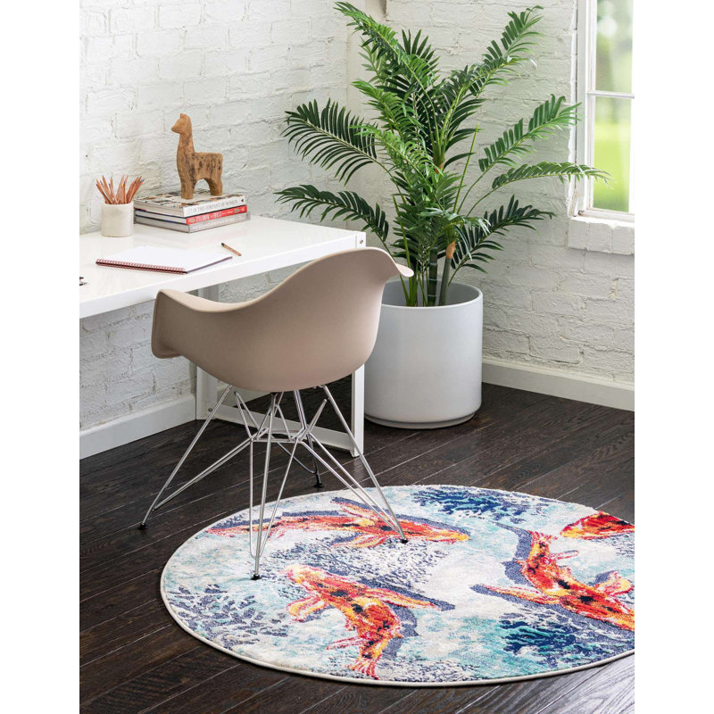 Tapis ivoire / vert clair / bleu marine / orange / rouge Leonville, Rond 4 pi