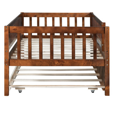 Walnut Twin Daybed With Pull-out Trundle And Protective Fence Guardrails Foldable