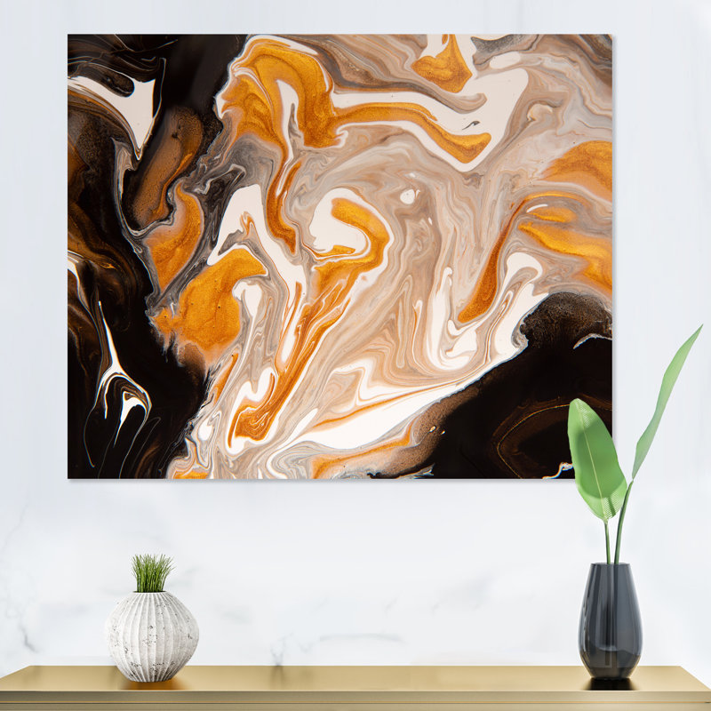 Orange et vagues de marbre noir I - peinture sur toile, H 30 po x l 40 po x P 1,5 po, Toile tendue