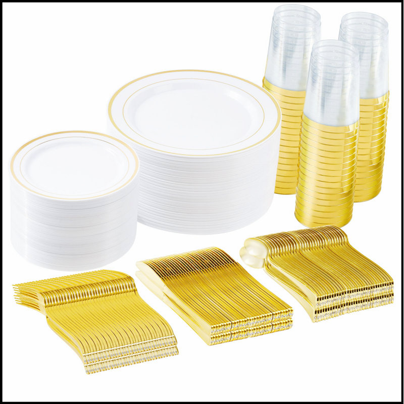 Ensemble de vaisselle en plastique doré / argent pour les grands rassemblements de 50 personnes et plus, durable et élégant