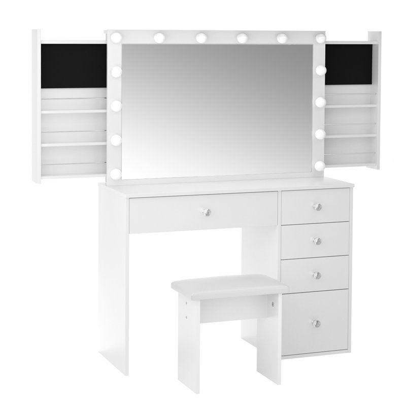 Greyden Makeup Vanity with Hidden Sliding Storage Shelves and Outlets, White