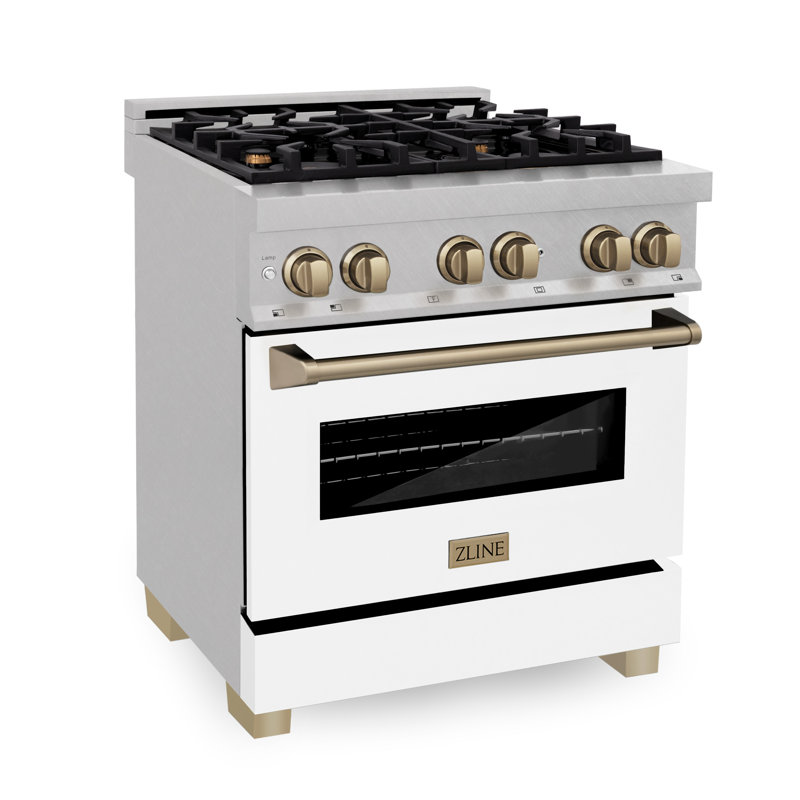 ZLINE Autograph 30" Legacy Dual Fuel Range in DuraSnow® w/ White, Champagne Bronze/Stainless Steel