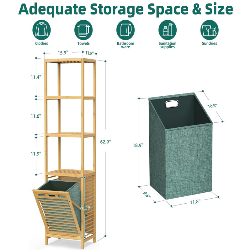 Natural Bamboo 4-Tier Tilt-Out Laundry Hamper with Shelf