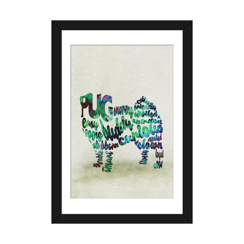 «Pug» par Ayse Deniz Akerman - reproduction d'art textuel sur toile, H 24 po x l 16 po x P 1 po, Papier avec cadre noir