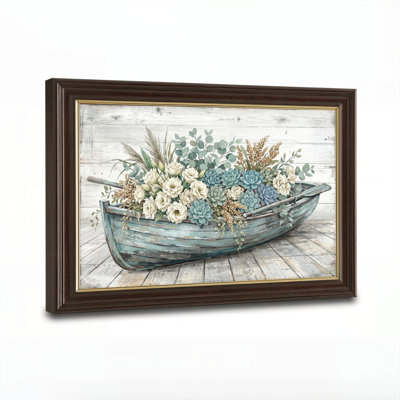 Art mural antique sur toile encadré doré pour le salon, la chambre à coucher, le bureau ou le vestibule - décoration murale décorative avec bateau floral
