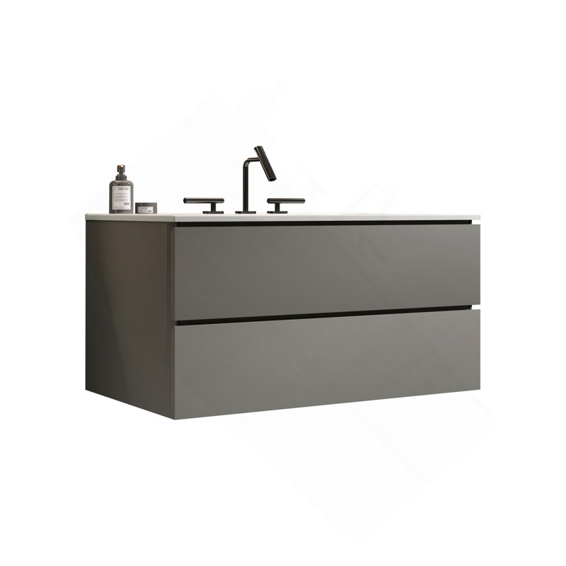 Meuble-lavabo mural gris de 36 po avec lavabo en céramique et trois trous de robinet, grand meuble-lavabo flottant avec rangement pour salle de bain moderne