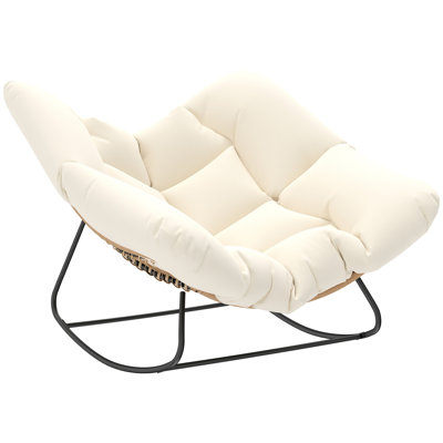 Chaise berçante Papasan, chaise berçante d'extérieur surdimensionnée en osier avec coussin, chaises berçantes rembourrées en rotin PE pour salon, jardin, patio, balcon, beige