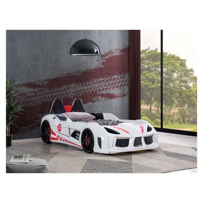 Modern Twin Size Race Car Bed with LED Lights and Remote Control Sound Effects in White