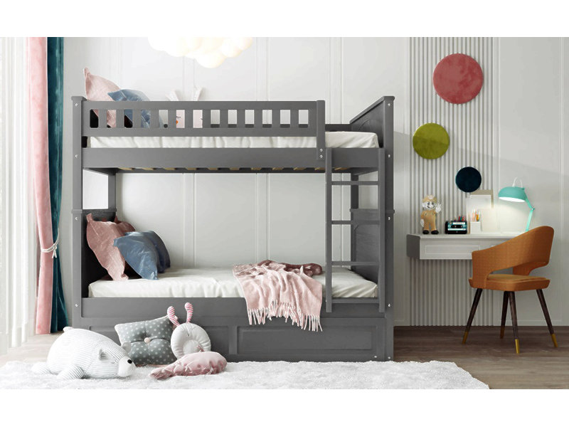 Bunk Bed With Twin Size Trundle, Pine Wood Bunk Bed With Guardrails, Gris