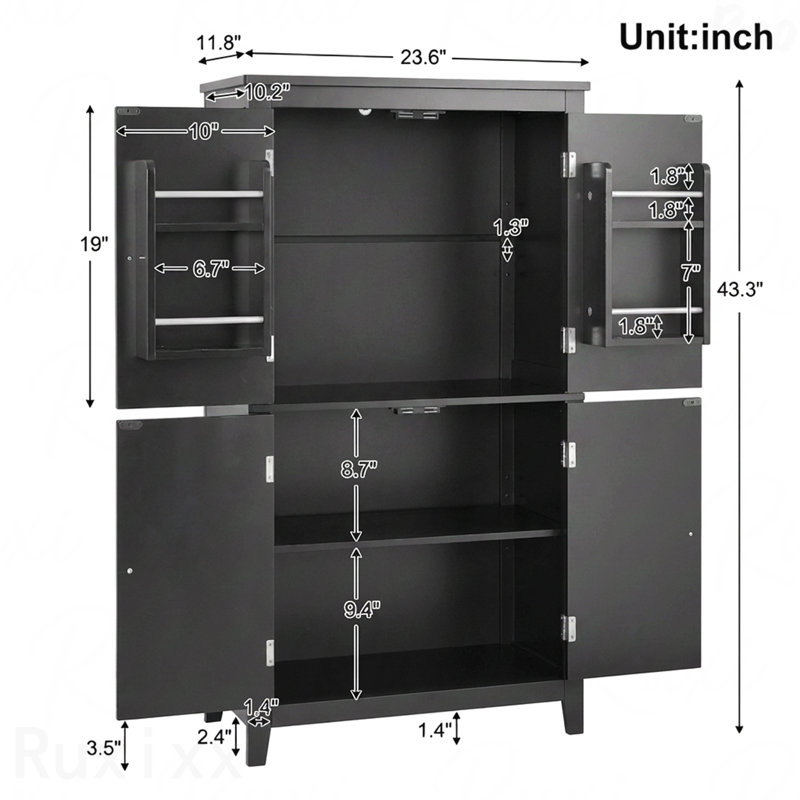 Elegant 4-Door Bathroom Floor Storage Cabinet with Adjustable Shelves - Black, Black