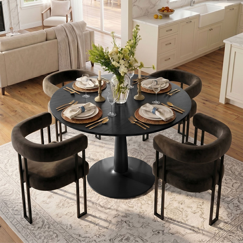 4 - Person Dining Table Sets With Round Table & 4 Upholstered Velvet Chairs, Mink