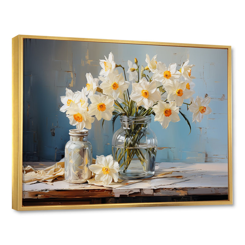 «Daffodils Farmhouse Still Life» sur toile, Cadre flottant doré, H 12 po x l 20 po x P 1 po
