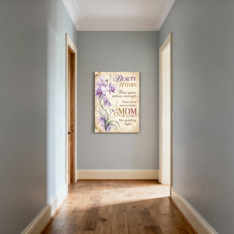 Ensemble de 1 tableau sur toile tendue « Orchidée violette » avec citation sur la beauté intérieure de maman
