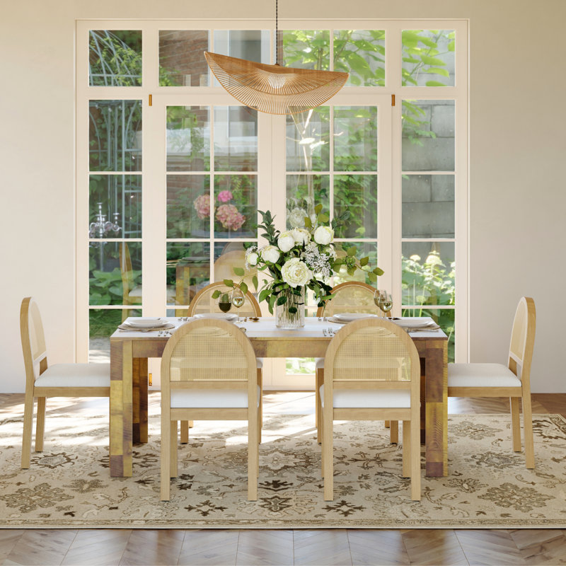 Dining Table Set With Rectangular Dining Table & Upholstered Chairs, 7 Pieces: Table, 6 Chairs, Brown