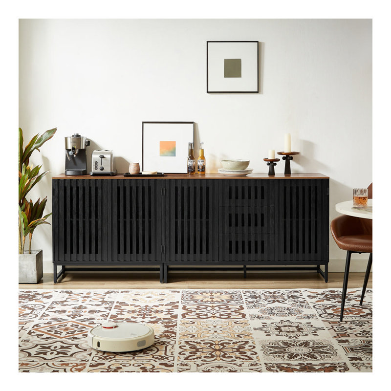 Commode 3 tiroirs et 4 tablettes avec grille à lattes et portes rayées, commode de style moderne, panneau de fibres à densité moyenne de haute qualité et pieds en métal