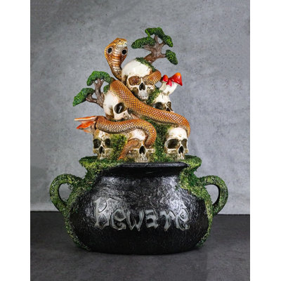 Witchcraft Magic Skulls Mushrooms Herbs Cobra Snake Beware Cauldron Pot Figurine