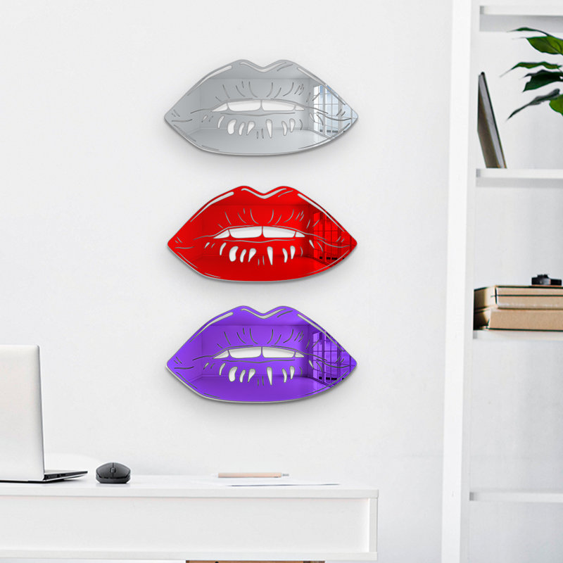 Lips Mirror Wall Decor, 7" H x 14" W x 1" D, Silver/Red/Purple