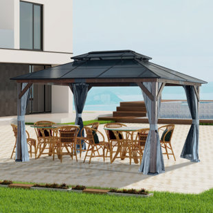 Pavillon de jardin à toit rigide 10 pi x 13 pi, pavillon de jardin à cadre double avec auvent de toit, pavillon de jardin à cadre uni avec rideaux d'intimité et moustiquaires pour jardin, cour
