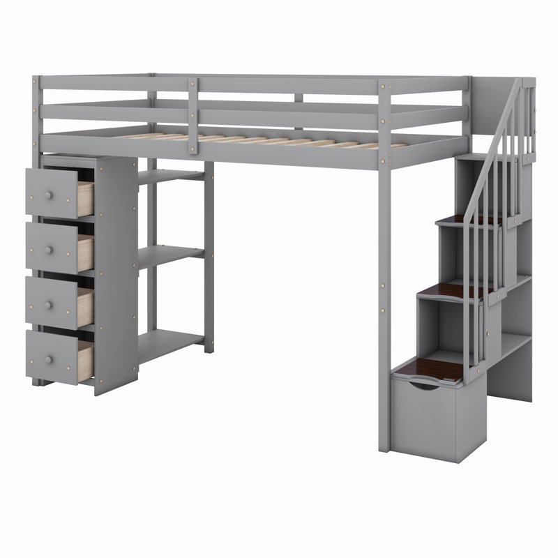 Loft Bed With Shelves,Drawers And Stairs, Gray