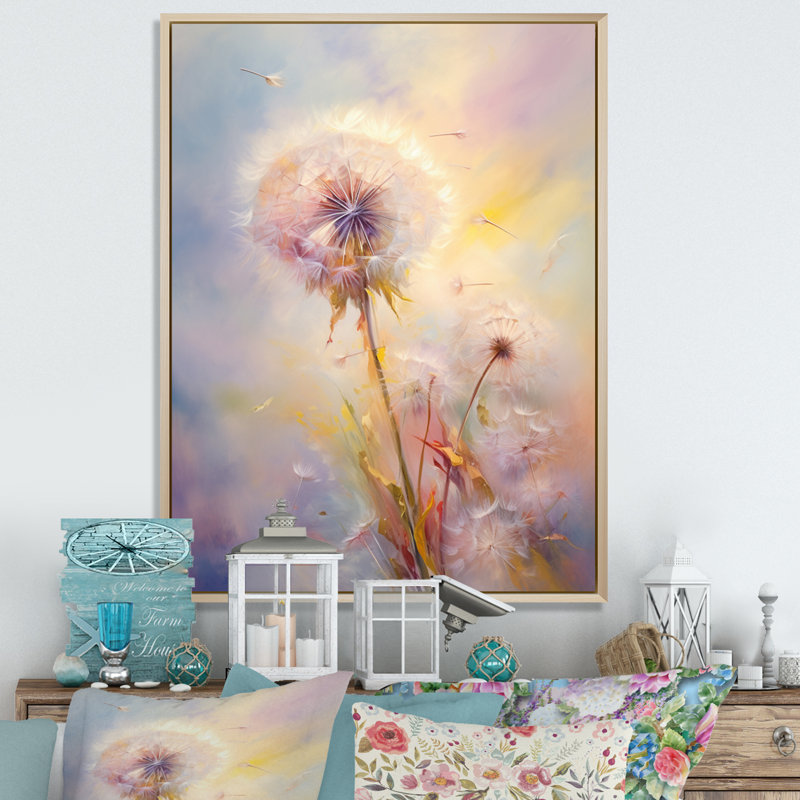 Impression romantique sur toile pissenlit mauve «Lowleaf», H 40 po x l 30 po x P 1,5 po, Cadre naturel flottant