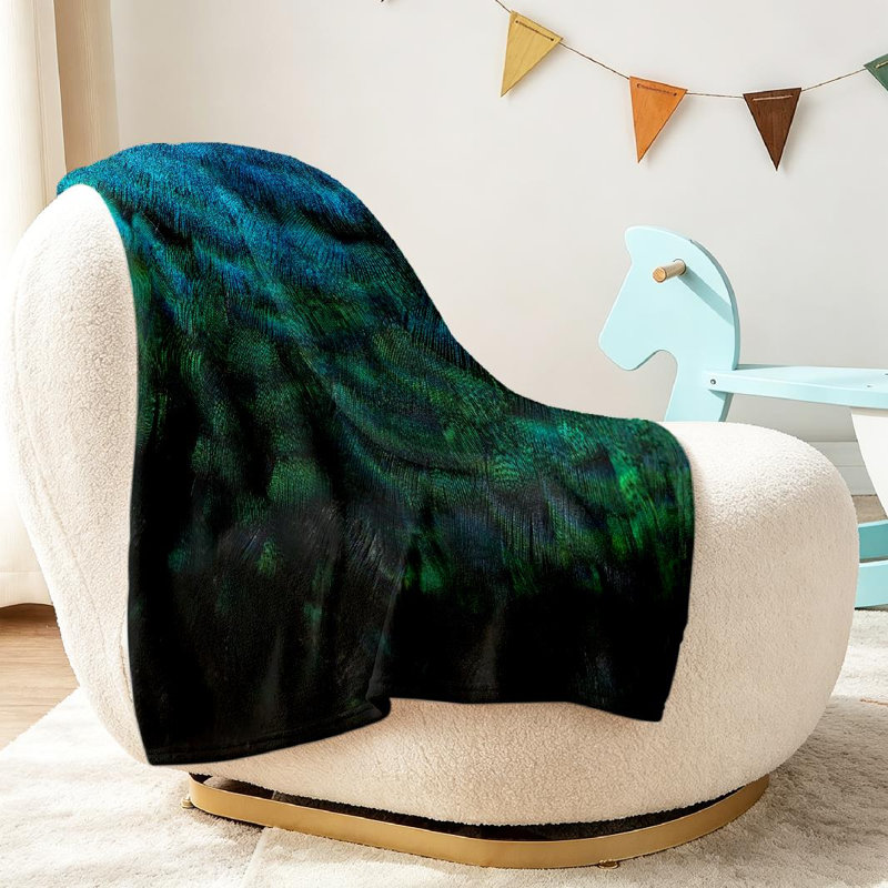 Jeté en flanelle verte ultra douce, imprimé plumes de paon, Throw 30" x 40"