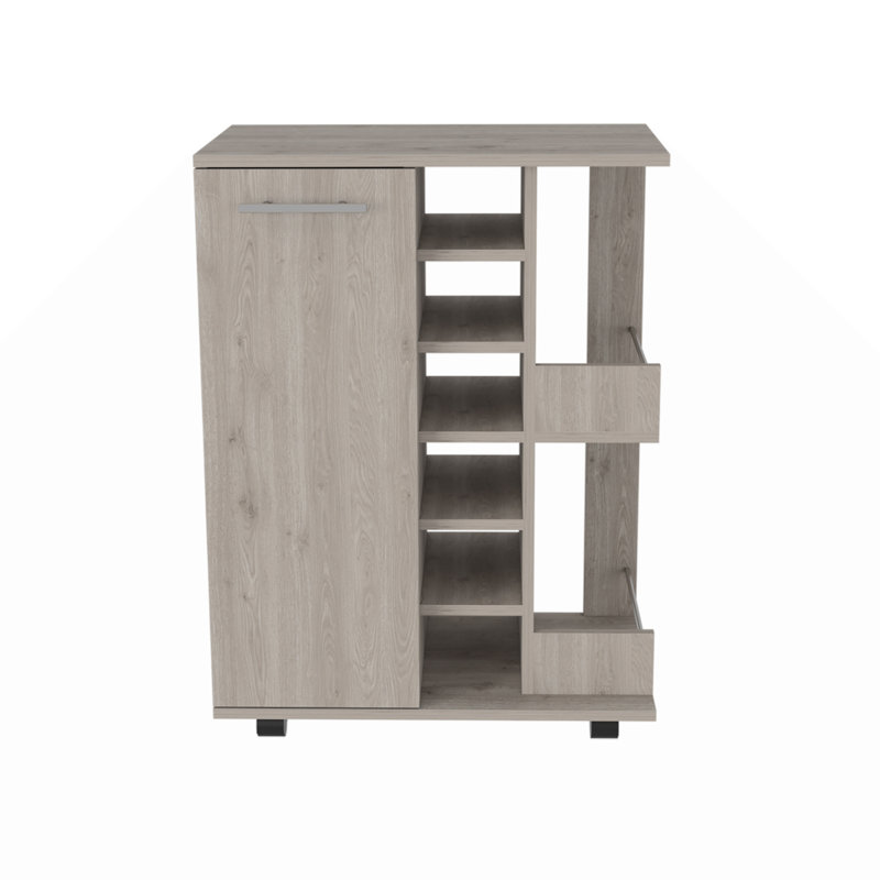 Bar Cart, 2 External Shelves, 4 Casters, 6 Built-In Wine Rack, Single Door Cabinet -, White