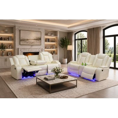 Ensemble de canapé et causeuse inclinable électrique en similicuir blanc 2 pièces avec éclairage DEL, recharge sans fil, ports USB, porte-gobelets et rangement
