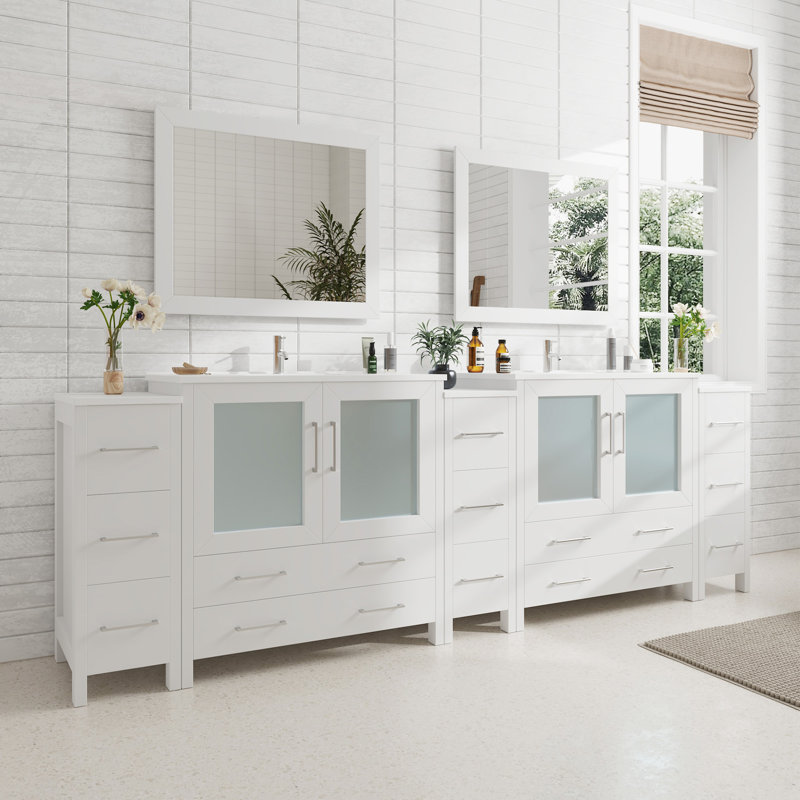  108" Double Bathroom Vanity Set with Mirror, White