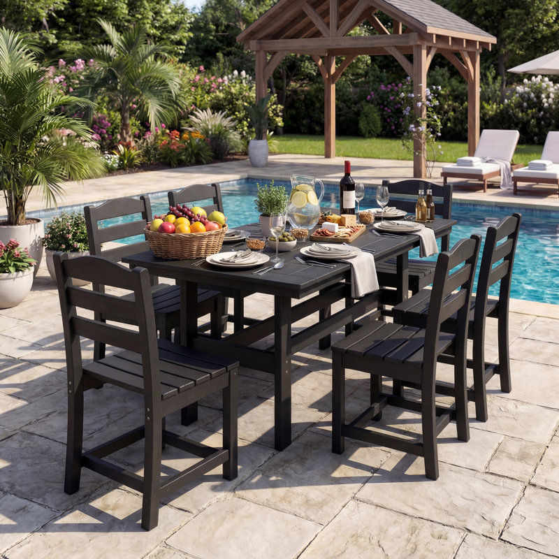 Ensemble repas d'extérieur 7 pièces en PEHD | 1 table + 6 chaises | Résistant aux intempéries, stable aux rayons UV et écologique